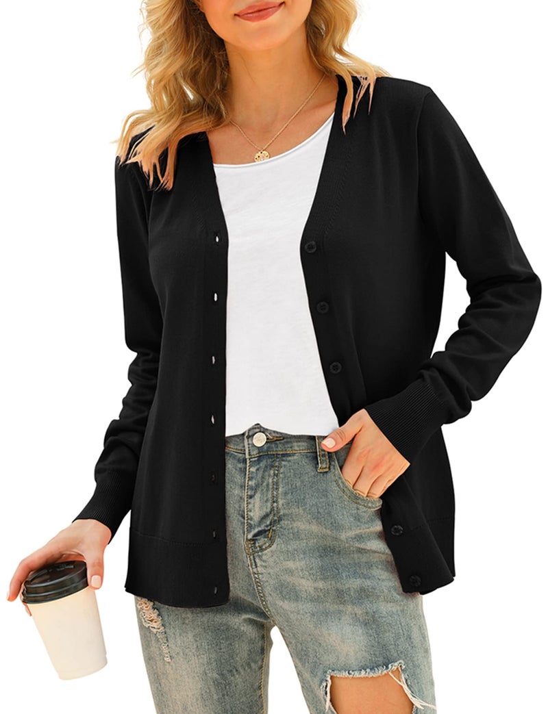 VIISHOW Women Long Sleeve Button Down V Neck Lightweight Basic Knit Sweater Cardigan, Black, Small - Image 1
